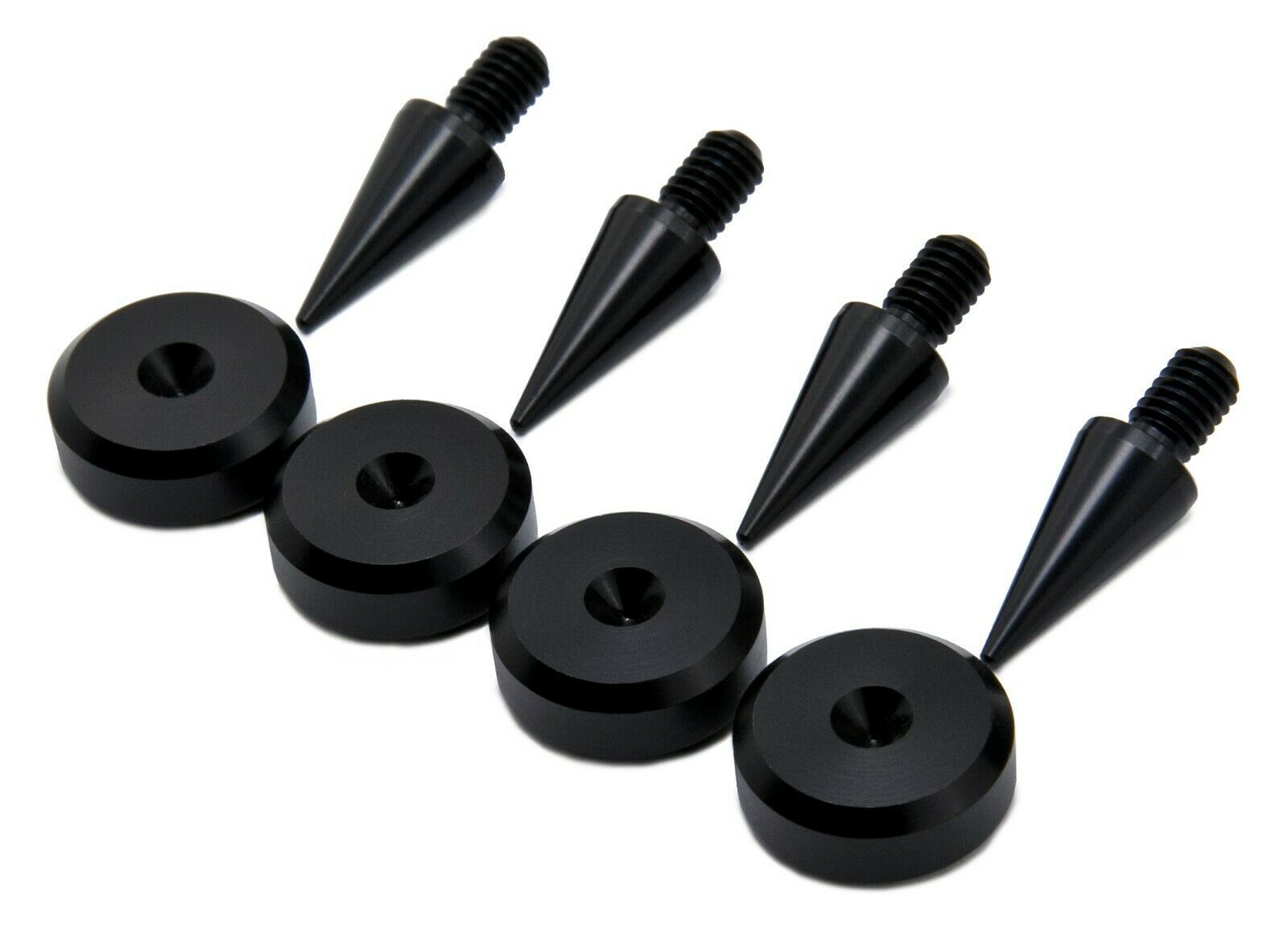 BLACK Aluminium Speaker Spikes M6 + Chamfered Speaker Pads- Set of 4